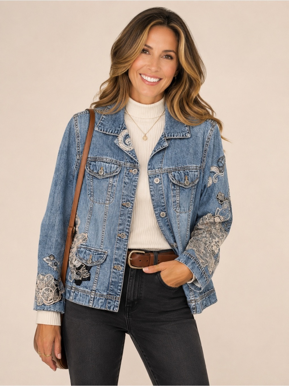 VTG Chico Designer Embroidered Lace Denim Statement Jean Jacket size S